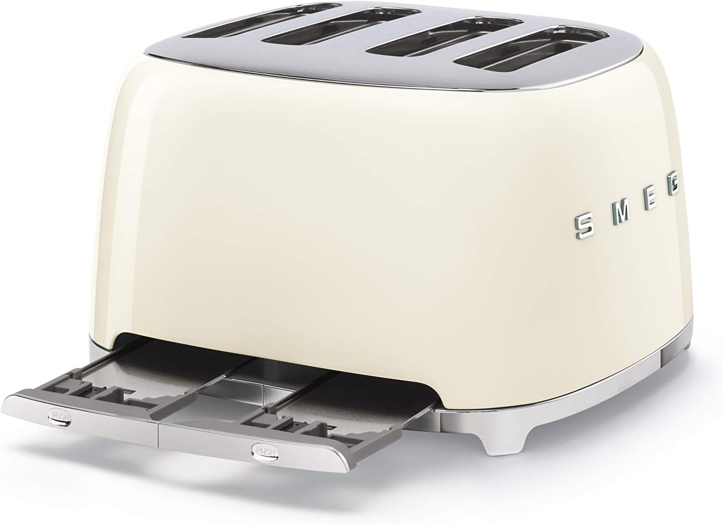 SMEG 4 Slice Toaster TSF03, Retro Stainless-Steel Toaster with Wide Slots for Bagels, 6 Browning Levels, Defrost Reheat Bagel Functions, Dual Controls, Crumb Trays, 1800W - TSF03CRUS - Cream