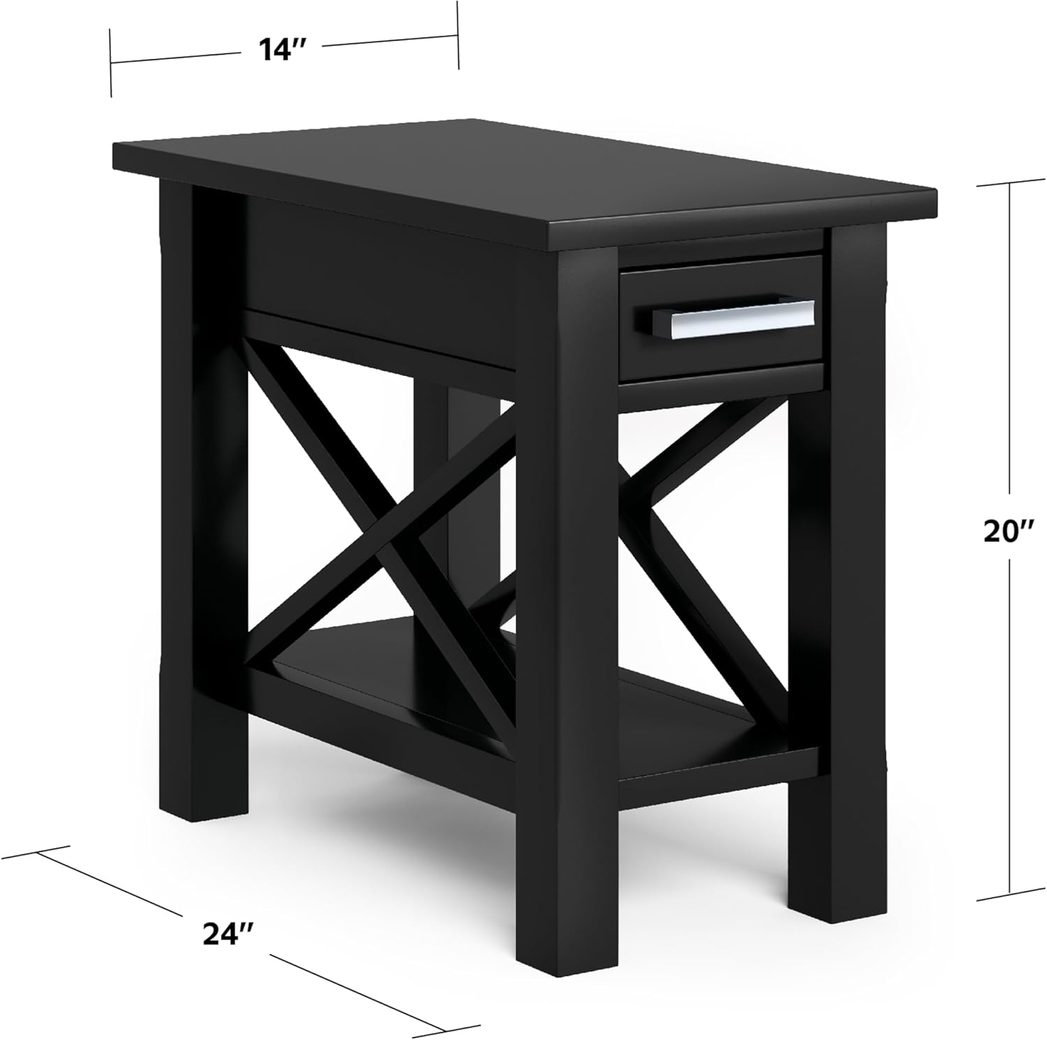 SIMPLIHOME Kitchener End Table - 14 inch Wide Solid Wood Rectangular Narrow Accent Table with Drawer and Open Shelf in Black, Contemporary Nightstand with X-Design for Living Room or Bedroom