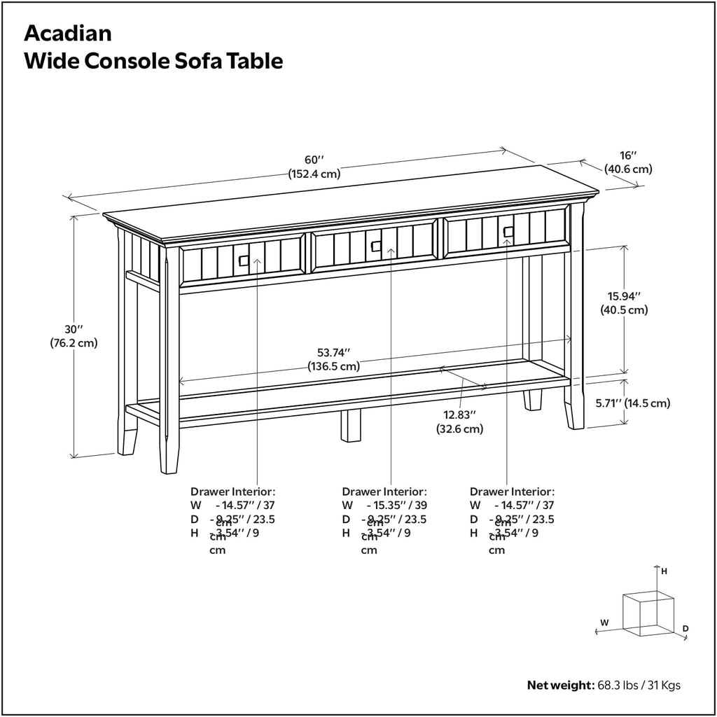 SIMPLIHOME Acadian Console Table - 60 Inch Wide Solid Wood Sofa Table in Brunette Brown, Transitional Storage Table for Entryway or Living Room with 3 Drawers and Open Bottom Shelf
