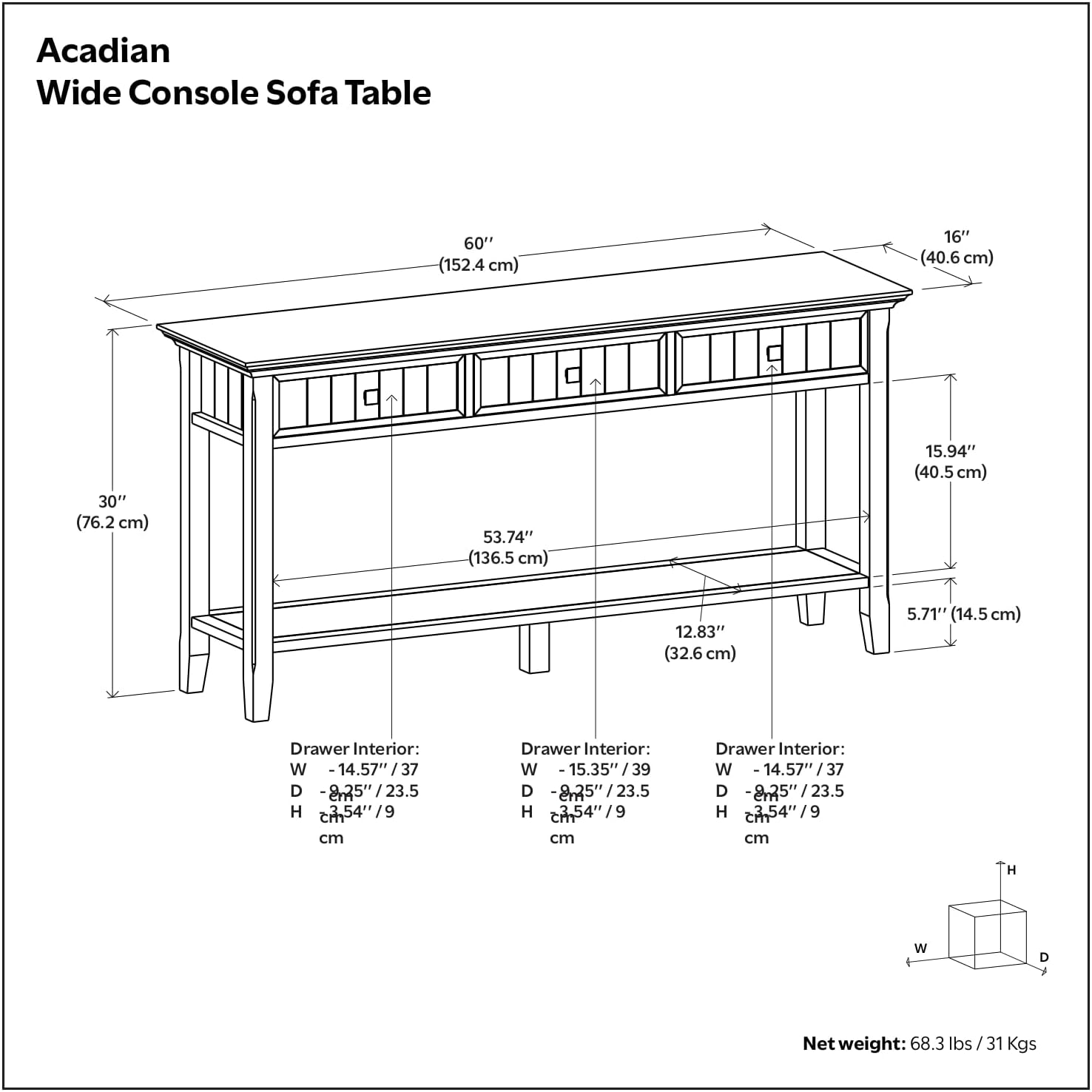 SIMPLIHOME Acadian Console Table - 60 Inch Wide Solid Wood Sofa Table in Brunette Brown, Transitional Storage Table for Entryway or Living Room with 3 Drawers and Open Bottom Shelf