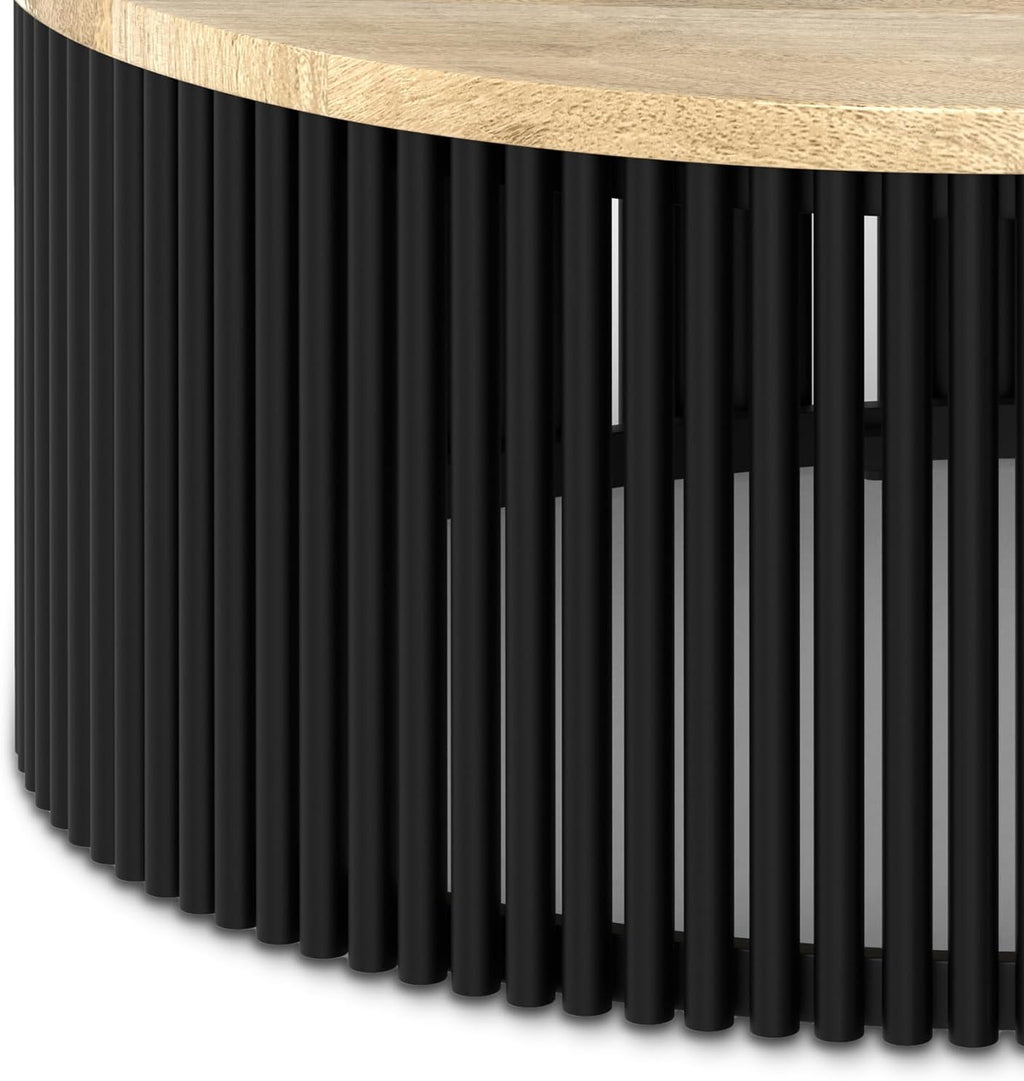SIMPLIHOME Demy Coffee Table - 35 inch Wide Solid Wood Industrial Contemporary Round Cocktail Table in Natural and Black, Sculptural Living Room Table with Powder Coated Metal Base, Assembled