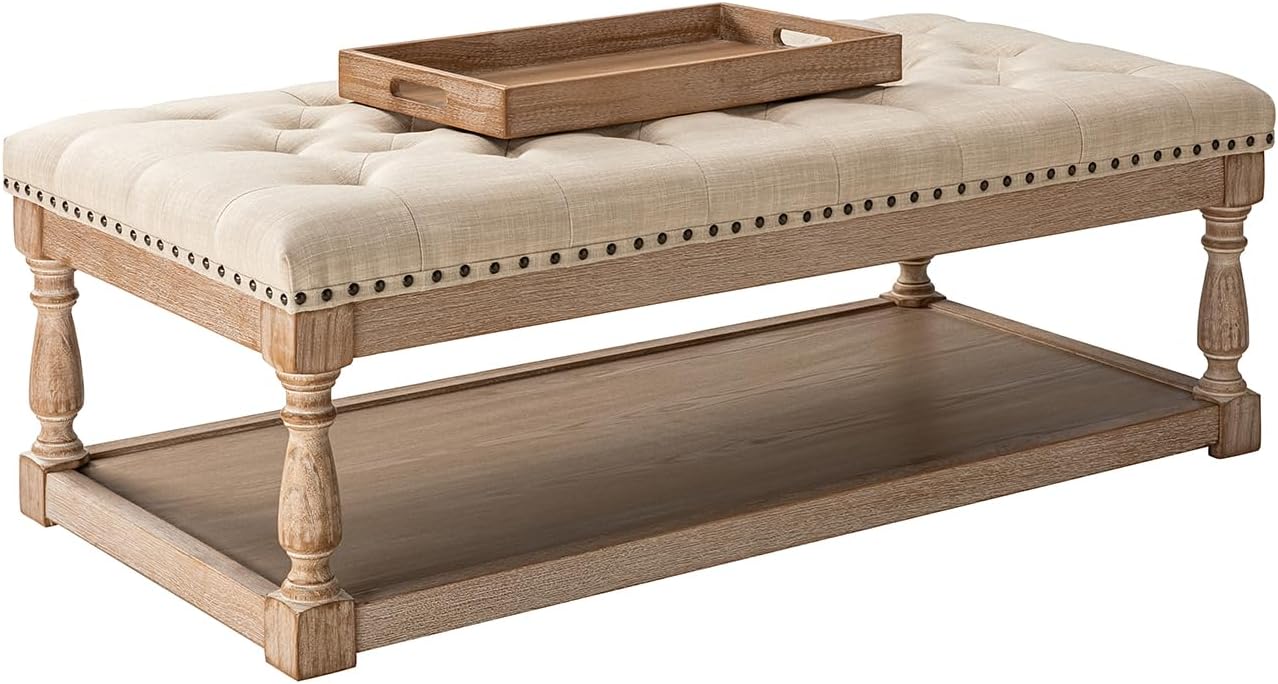 HULALA HOME Rectangle Ottoman Coffee Table with Tray, Tufted Living Room Ottoman with Solid Wood Storage Shelf, Linen