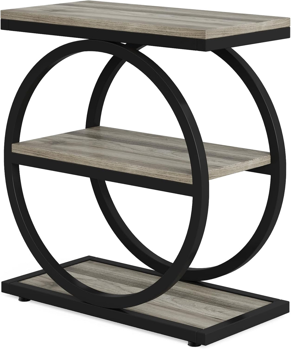 Tribesigns End Table Set of 2, Narrow End Table with 3 Storage Shelves, Wooden Side Table with Metal Frame, Small Sofa Side Table for Living Room, Grey Nightstand and Bedside Table for Bedroom
