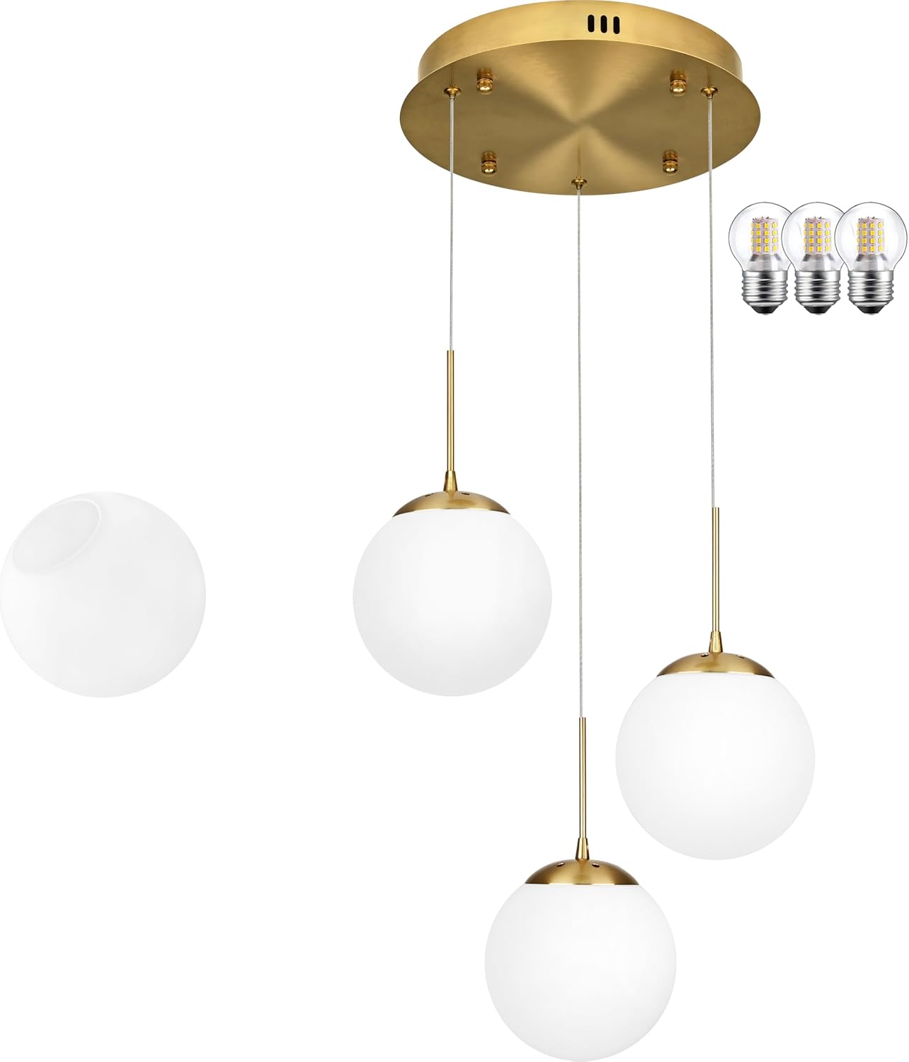 KoKo&Yukina 3 Light Globe Glass Pendant Light & 6 Inch Milk White Glass Globes Shade Frosted Replacement Glass Shades - 2.67' Fitter