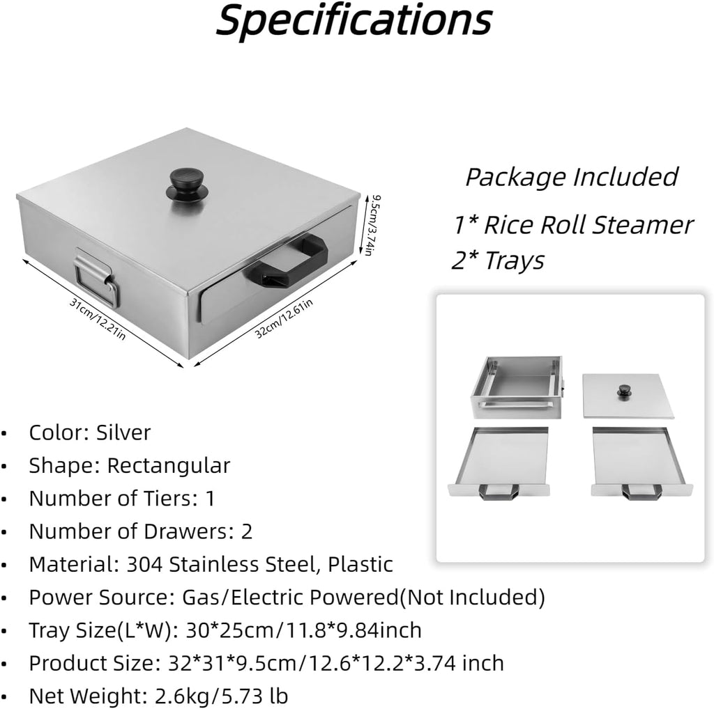 Stainless Steel Rice Noodle Roll Steamer for Hong Kong Cantonese Cuisine, 2 Trays, 12.6'x12.2'x3.74', Perfect for Asian Cooking, Durable and Easy to Clean
