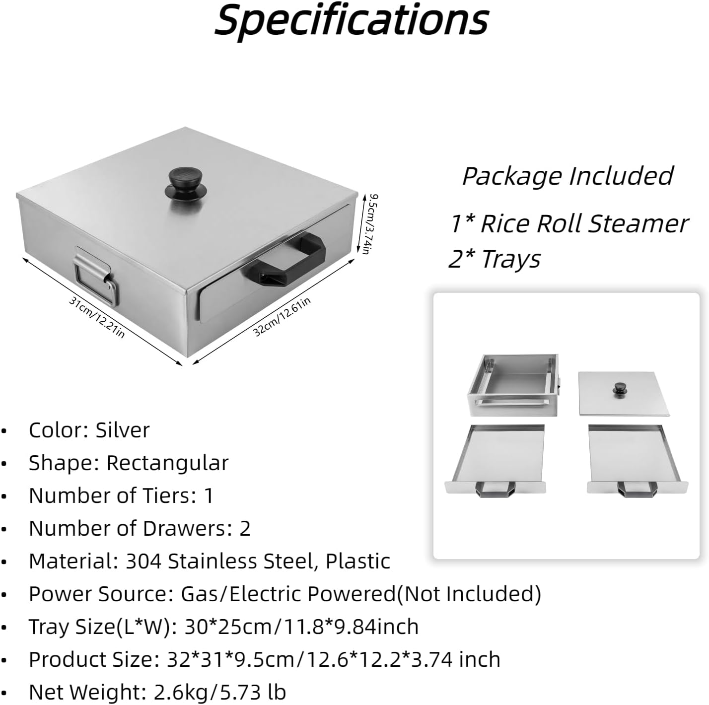 Stainless Steel Rice Noodle Roll Steamer for Hong Kong Cantonese Cuisine, 2 Trays, 12.6'x12.2'x3.74', Perfect for Asian Cooking, Durable and Easy to Clean