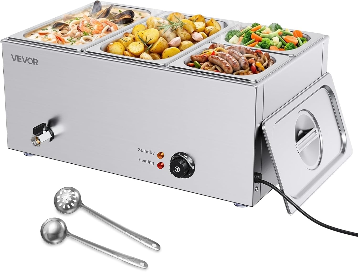 VEVOR 4-Pan Commercial Food Warmer, 24QT Electric Steam Table, 1200W Professional Countertop Stainless Steel Buffet Bain Marie with 86-185°F Temp Control for Catering and Restaurants, Silver