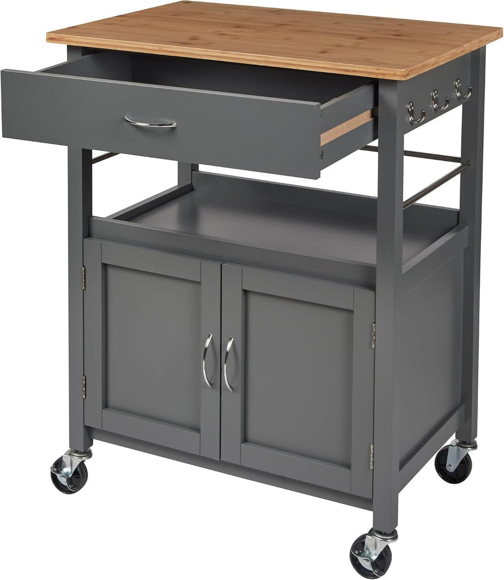 eHemco Kitchen Island Cart on Wheels, Gray Base, Natural Bamboo Top | Drawer, Storage Cabinet, Shelf, Butcher Block