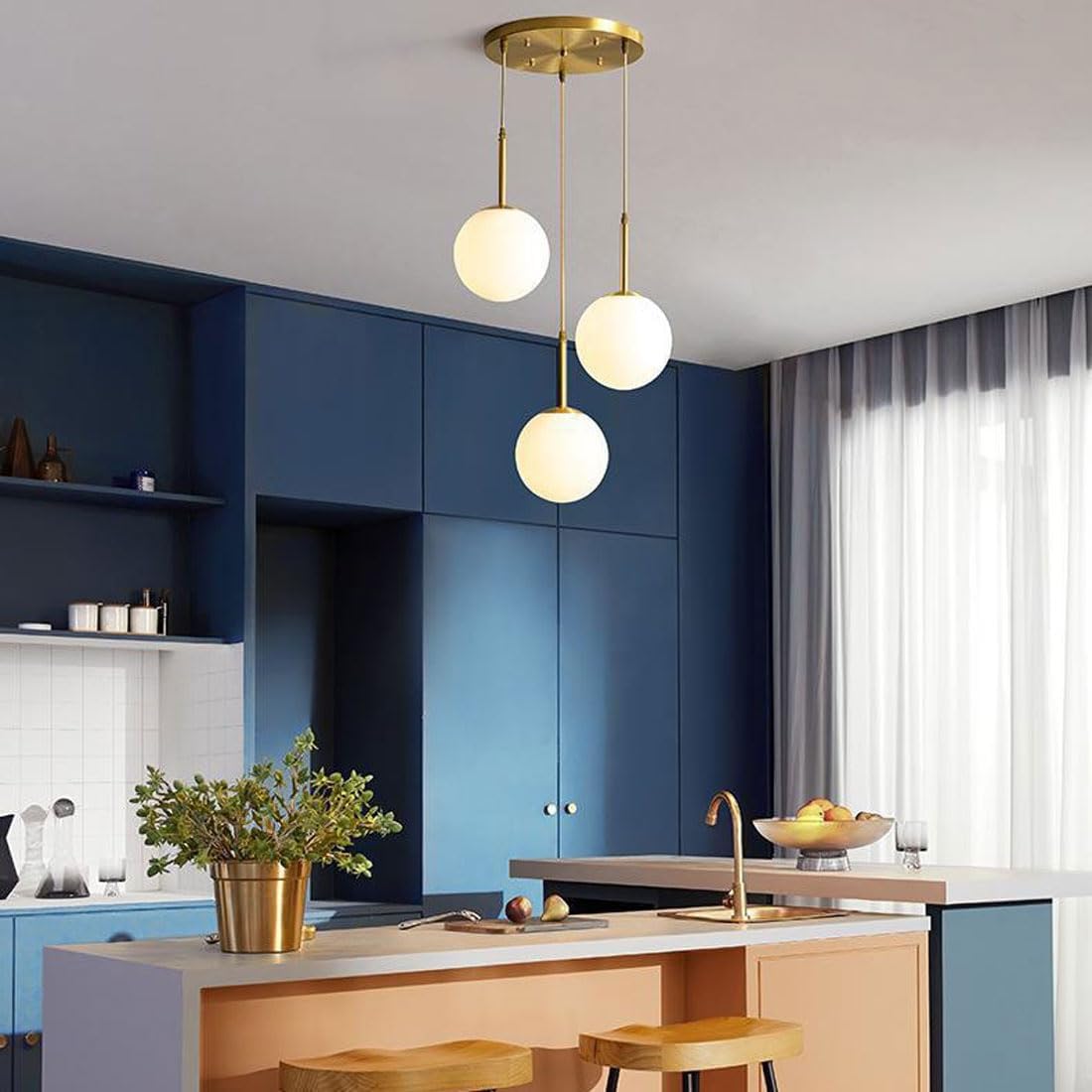 Pendant Lights for Living Room 3 Light Globe Modern Fixtures Farmhouse Pendant Lights for Kitchen Island Brushed Brass Finish Adjustable Hanging Chandelier Light Fixture for Bedroo
