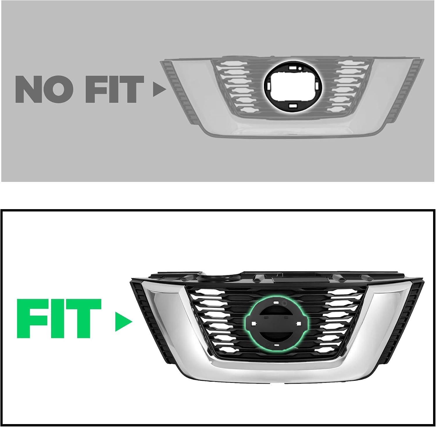 HECASA Front Upper + Lower Grille + Fog Light Kit Compatible with 2017-2020 Nissan Rogue Bumper Radiator Hood Grill Assembly Plastic Chrome&Painted Black+Silvery+Clear Lens