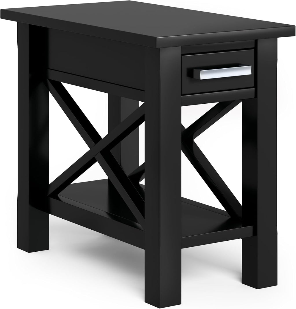 SIMPLIHOME Kitchener End Table - 14 inch Wide Solid Wood Rectangular Narrow Accent Table with Drawer and Open Shelf in Black, Contemporary Nightstand with X-Design for Living Room or Bedroom