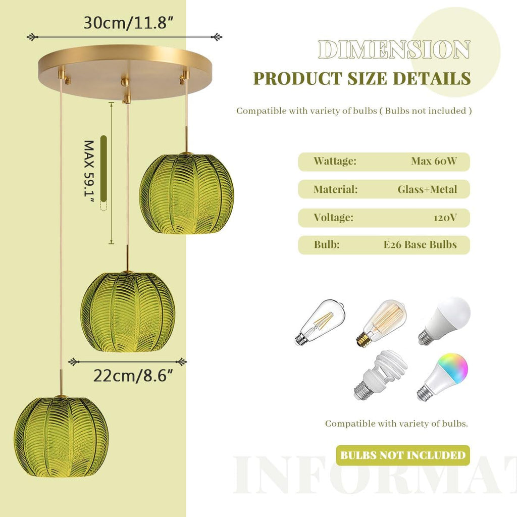 Dark Green Chandelier Cluster 3-Light Glass Globe Hanging Pendant Lights Fixtures Gold Sputnik Ceiling Pendant Lights with Ribbed Glass Ball Shade Mid Century Modern Chandelier