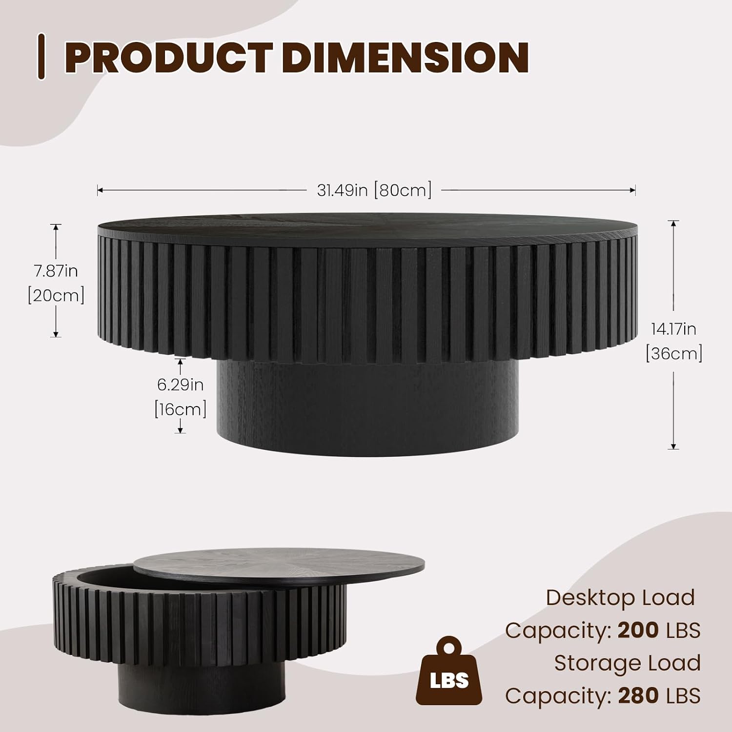 Round Drum Coffee Table with Storage, 31.5' Modern Handcraft Fluted Drum Coffee Table, Wooden Circle Center Table with Sturdy Pedestal for Living Room Apartment (31.5' Black with Storage)
