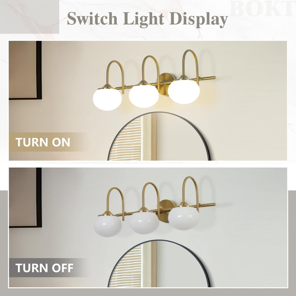 BOKT Modern Vanity Light Fixtures Mid Century 3-Light Bathroom Vanity Lights Fixtures Over Mirror with Milk White Glass Globe Shade Gold Wall Sconce for Living Room Dressing Table
