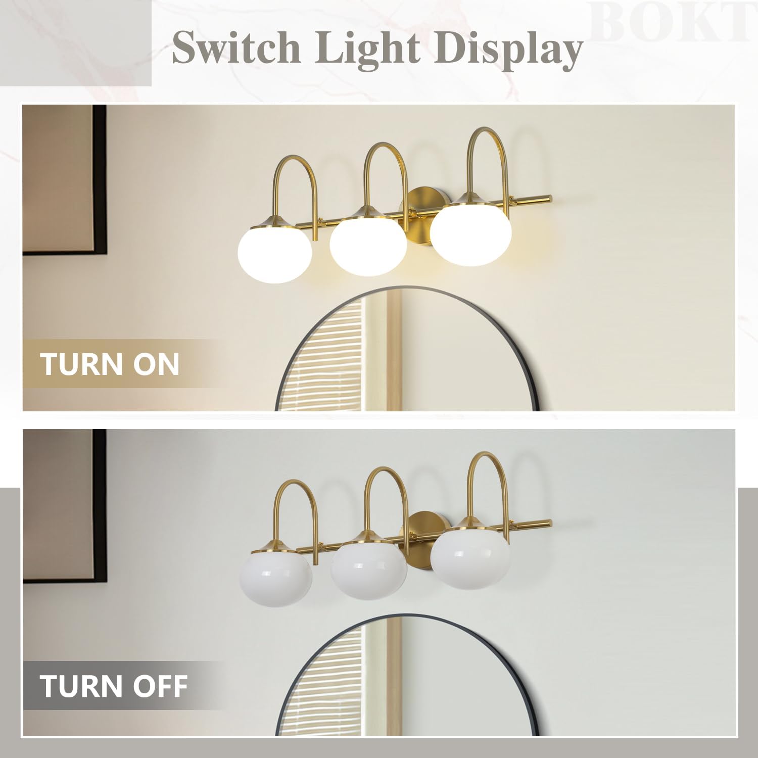 BOKT Modern Vanity Light Fixtures Mid Century 3-Light Bathroom Vanity Lights Fixtures Over Mirror with Milk White Glass Globe Shade Gold Wall Sconce for Living Room Dressing Table