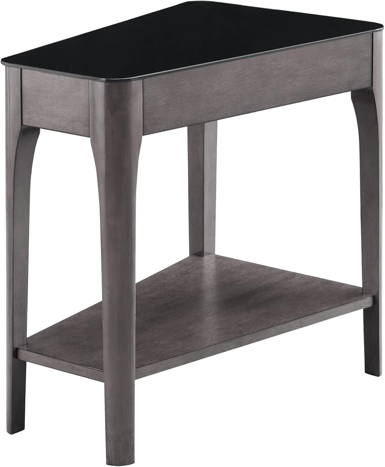 Leick Home Obsidian End Table, Solid Wood, Narrow Wedge Shape, Glass Tabletop, Bottom Display Shelf, Easy Assemlby, Smoke Gray/Black, 24.0 in. L x 17.0 in. W x 24.0 in. H, 11102-GR