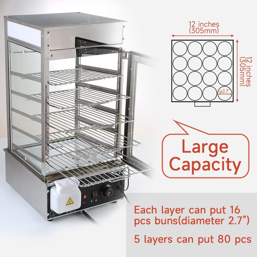 5-Tier Electric Bun Steamer, Commercial Stainless Steel Food Warmer Display with Automatic Temperature Control, for Buns, Baozi, Siomai, Corn, Buffet, Kiosk, Restaurant
