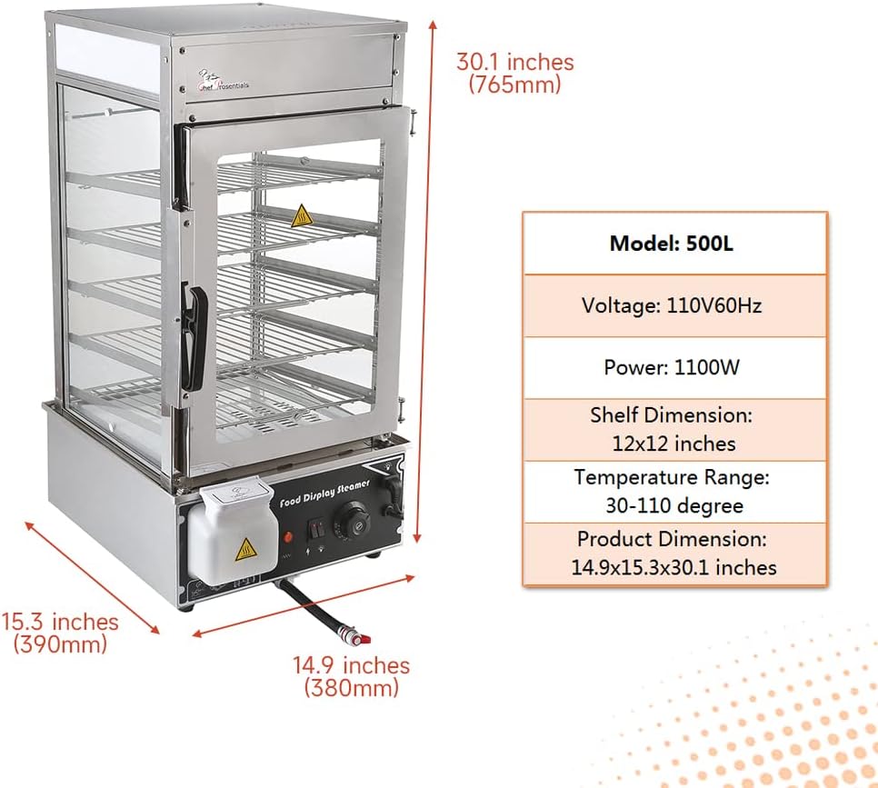 5-Tier Electric Bun Steamer, Commercial Stainless Steel Food Warmer Display with Automatic Temperature Control, for Buns, Baozi, Siomai, Corn, Buffet, Kiosk, Restaurant