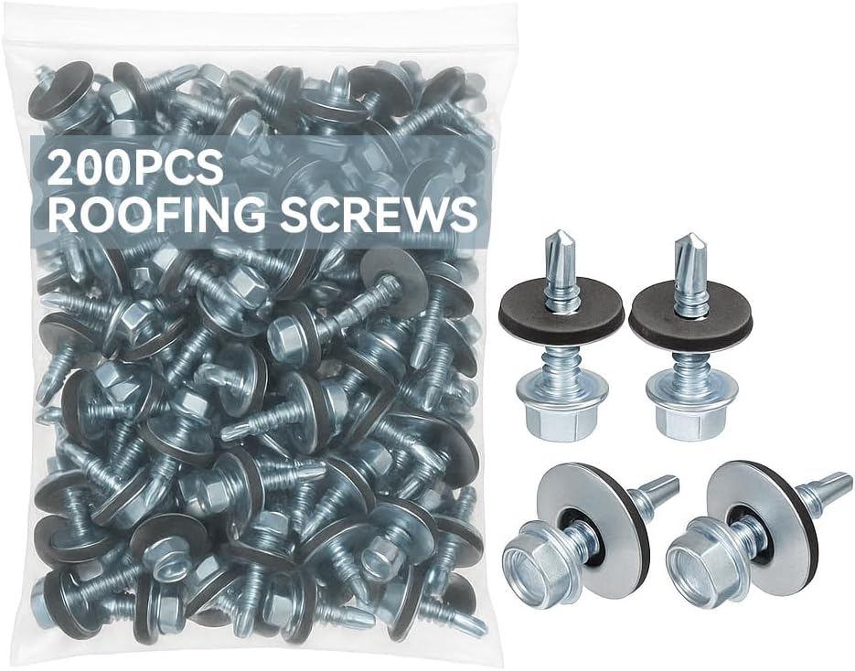 Metal Roofing Screws #12 × 1', 200 PCS, with Leak-Proof EPDM Washer, Self Drilling Metal to Wood Siding Screws, Hex Socket Included