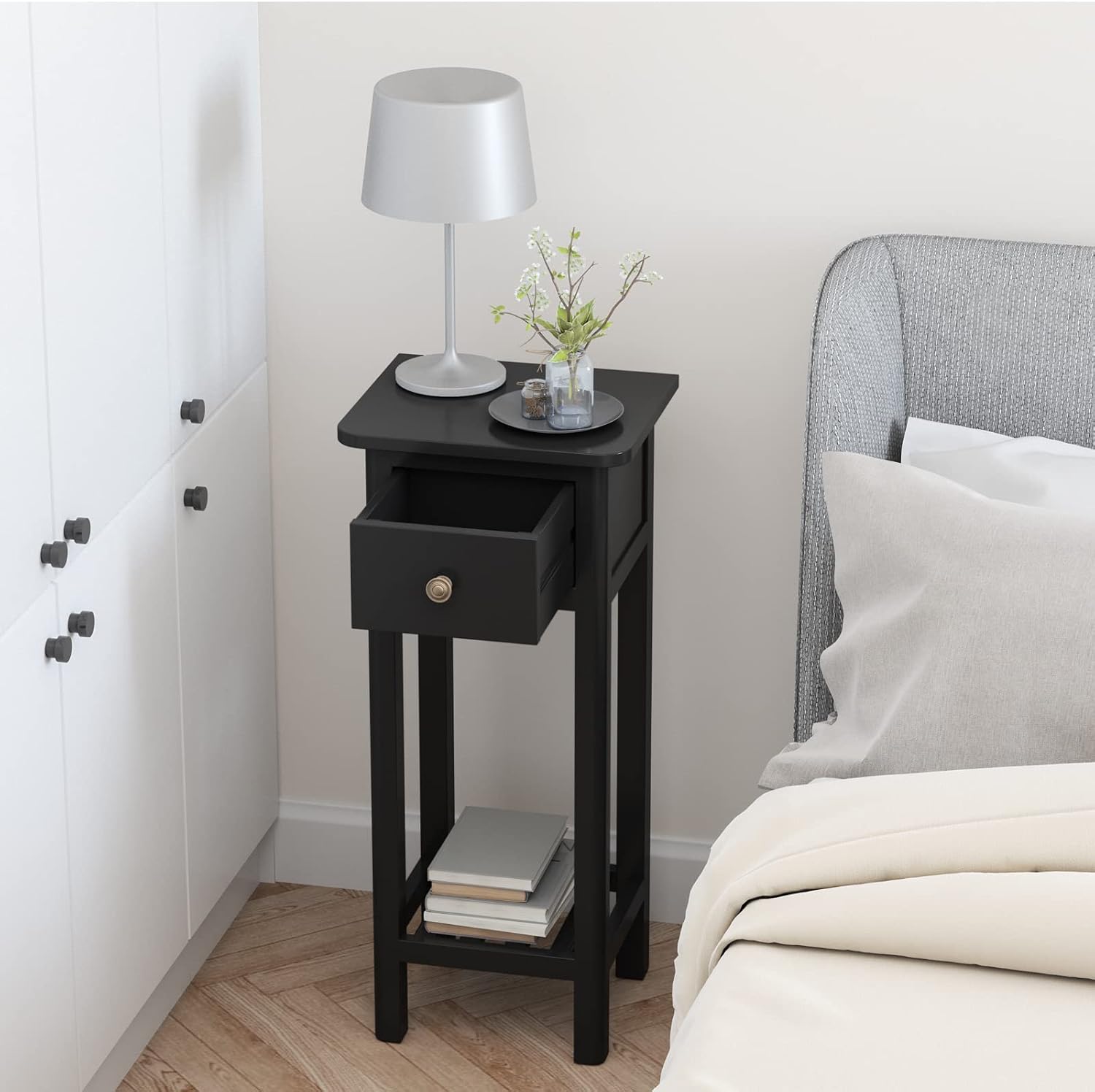 Giantex Tall End Table Set of 2, Narrow Side Table with Drawer and Shelf, Acacia Wood Nightstand for Living Room, 2-Tier Bedside Table for Small Space, No Assembly, Black