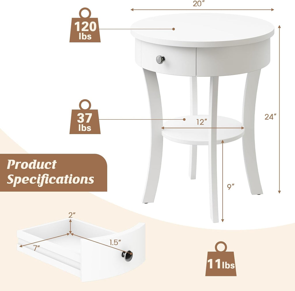 Giantex Round End Table with Drawer, 2-Tier Wood Side Table w/Open Shelf, Small Sofa Side Table for Small Space, Multipurpose Accent Table for Bedroom Living Room Home (2, White)