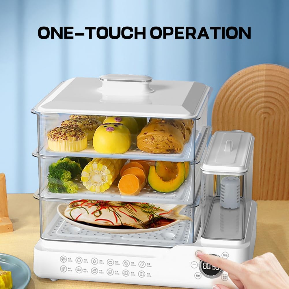 3 Tier Electric Food Steamer for Cooking, Vegetable Steamer Touch The Visual Panel Hot Food Heater with Baskets, 12H Booking, Independent Water Tank