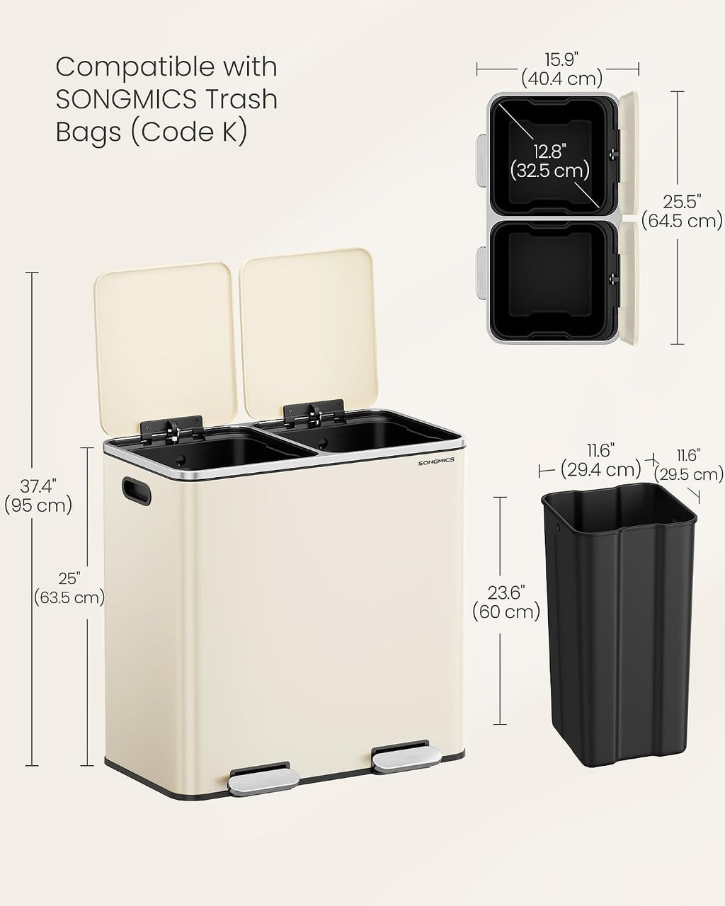 SONGMICS Trash Can, 2 x 10.6 Gallon (2 x 40 L) Garbage Can for Kitchen, with 15 Trash Bags, 2 Compartments, Plastic Inner Buckets and Hinged Lids, Airtight, Almond Color ULTB730A01V1