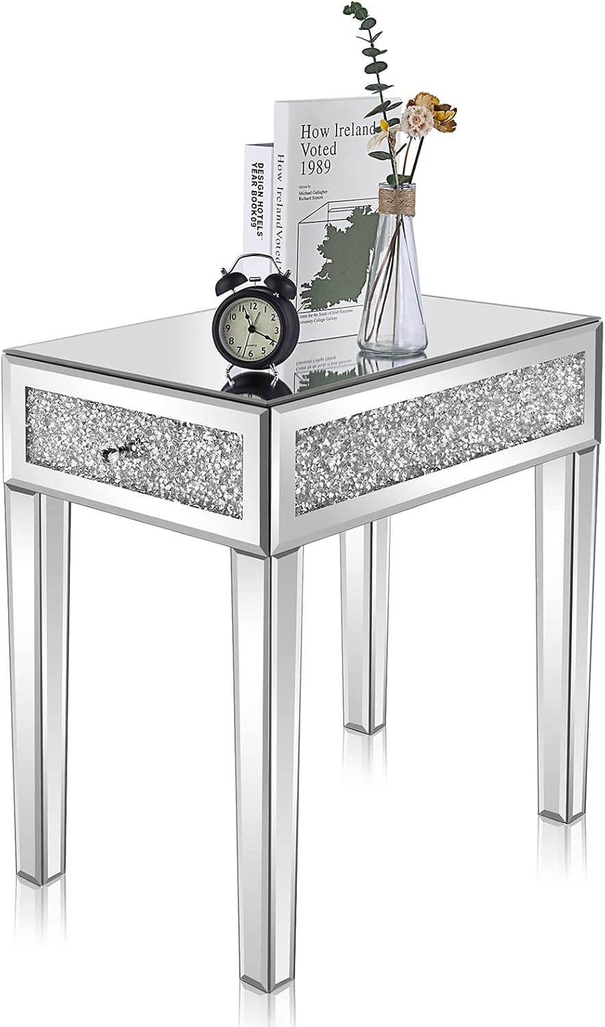 VINGLI Mirrored Narrow End Table Small Sofa/Couch/Bed Side Table with Storage Slim Glass Nightstand for Bedroom/Living Room, Silver