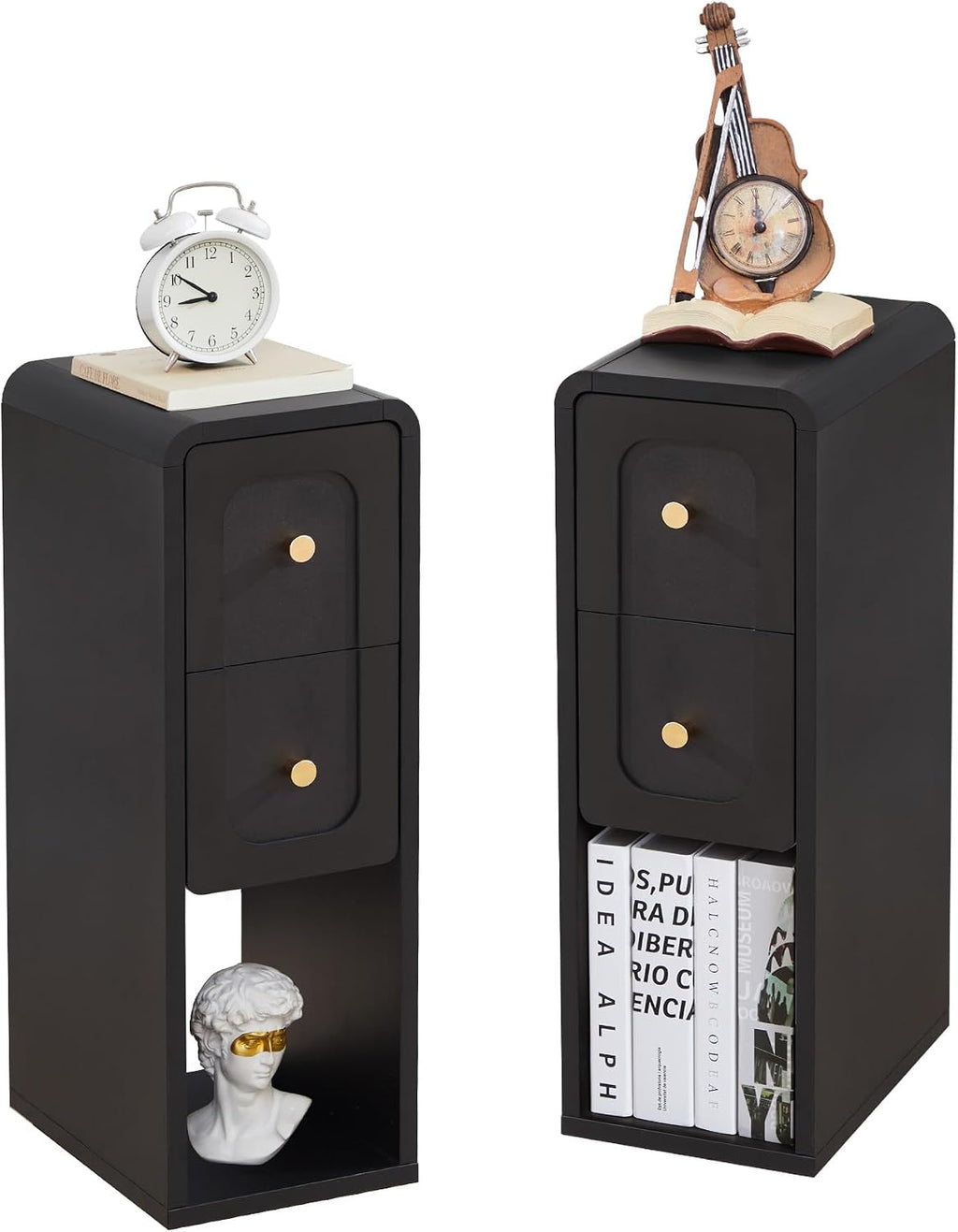 Small Nightstand Set of 2, Wooden Narrow Nightstands with 2 Drawers, Vintage Side End Table for Small Spaces, Skinny Night Stand, Bedside Table for Bedroom, Living Room (Black-2PCS)