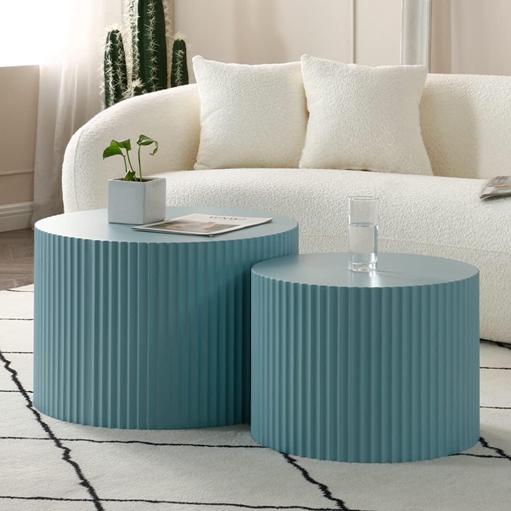 WILLIAMSPACE Nesting Coffee Table Set of 2, Matte Blue Round Wooden Coffee Tables, Modern Luxury Side Tables Accent End Table for Living Room Apartment, 23.62'*23.62'*15.75'H (Blue-Round)