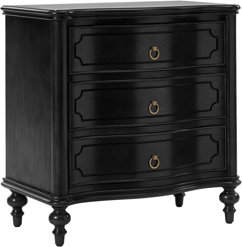 HULALA HOME Traditional Side Table with 3 Drawers, Tall Side Table with Curved Front Profle Desgin, Charging Station, Solid Wood Legs, Black