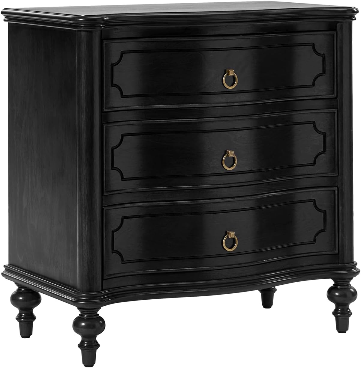 HULALA HOME Traditional Side Table with 3 Drawers, Tall Side Table with Curved Front Profle Desgin, Charging Station, Solid Wood Legs, Black