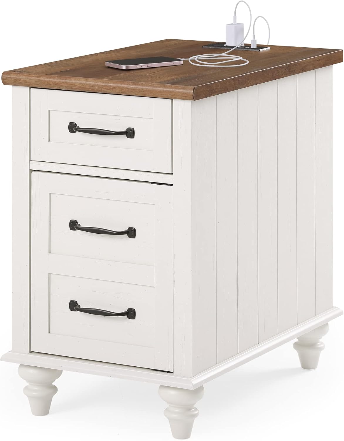 WAMPAT White End Table with Charging Station, Wood Side Table with 1 Drawer &1 Storage Cabinet, Mid Century Modern Nightstand with Power Outlets & USB Ports for Living Room, Bedroom