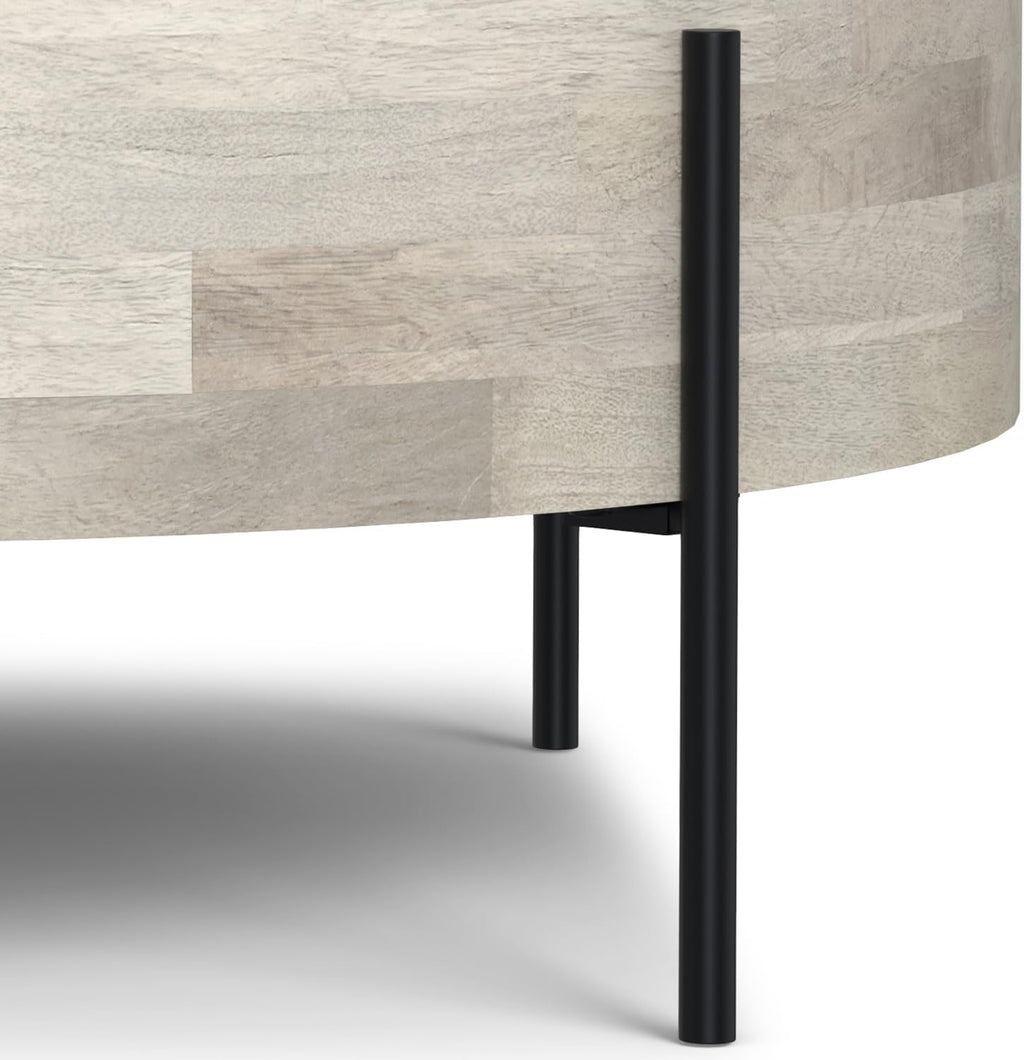 SIMPLIHOME Rayburn Drum Coffee Table - 38 inch Wide Solid Mango Wood Round Living Room Table in White Wash, Modern Urban Center Table for Family Room with Black Metal Legs and Large Surface