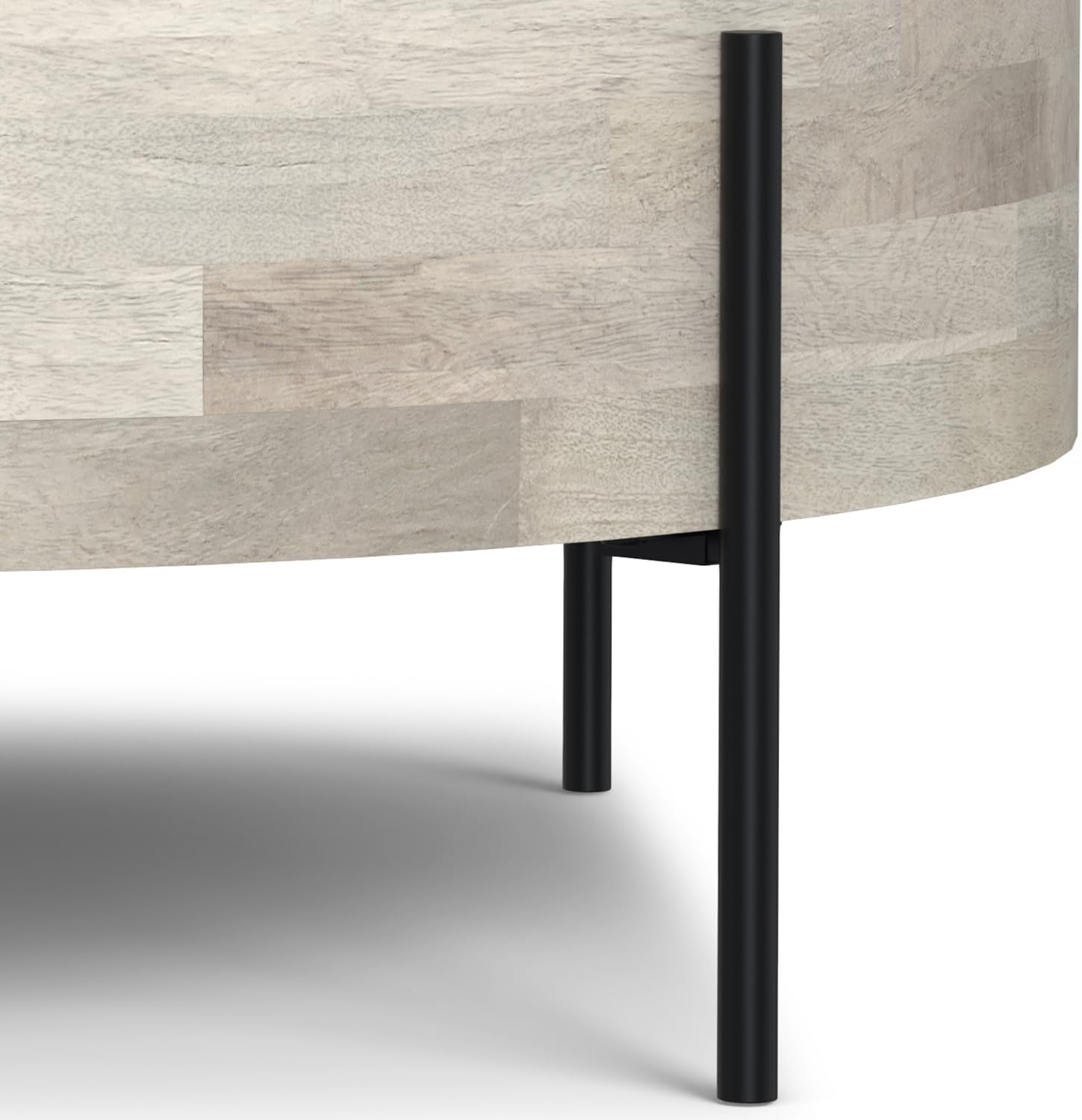 SIMPLIHOME Rayburn Drum Coffee Table - 38 inch Wide Solid Mango Wood Round Living Room Table in White Wash, Modern Urban Center Table for Family Room with Black Metal Legs and Large Surface