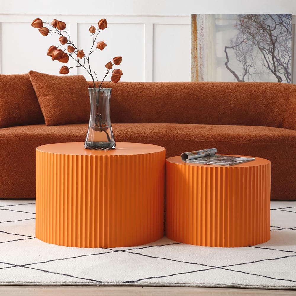WILLIAMSPACE Nesting Coffee Table Set of 2, Matte Orange Round Wooden Coffee Tables, Modern Luxury Side Tables Accent End Table for Living Room Apartment, 23.62'*23.62'*15.75'H (Orange,Round)