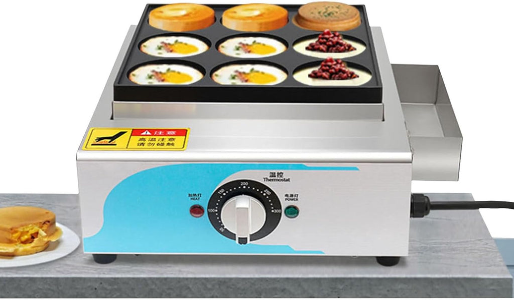 Commercial Electric Heating Cake Maker Griddle, Omelette Maker Non-Stick, 9 Holes Egg Mini Pancake Frying Pan, 50-300℃ Safe Temperature Control Rapid Heating