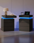 WLIVE Nightstand Set of 2 with Charging Station & LED Lights, Modern Night Stand with 3 Drawers and Sliding Top, Bedside Table End Table with Hidden Space for Bedroom, Living Room, Black