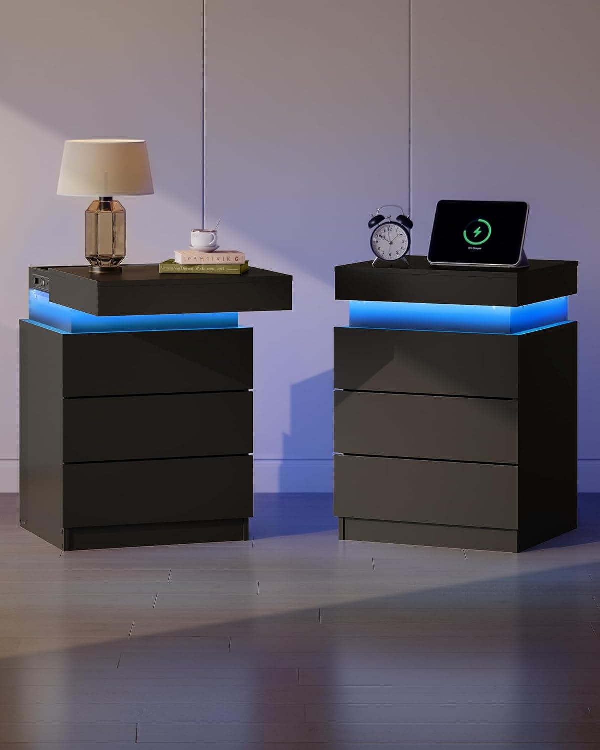WLIVE Nightstand Set of 2 with Charging Station & LED Lights, Modern Night Stand with 3 Drawers and Sliding Top, Bedside Table End Table with Hidden Space for Bedroom, Living Room, Black