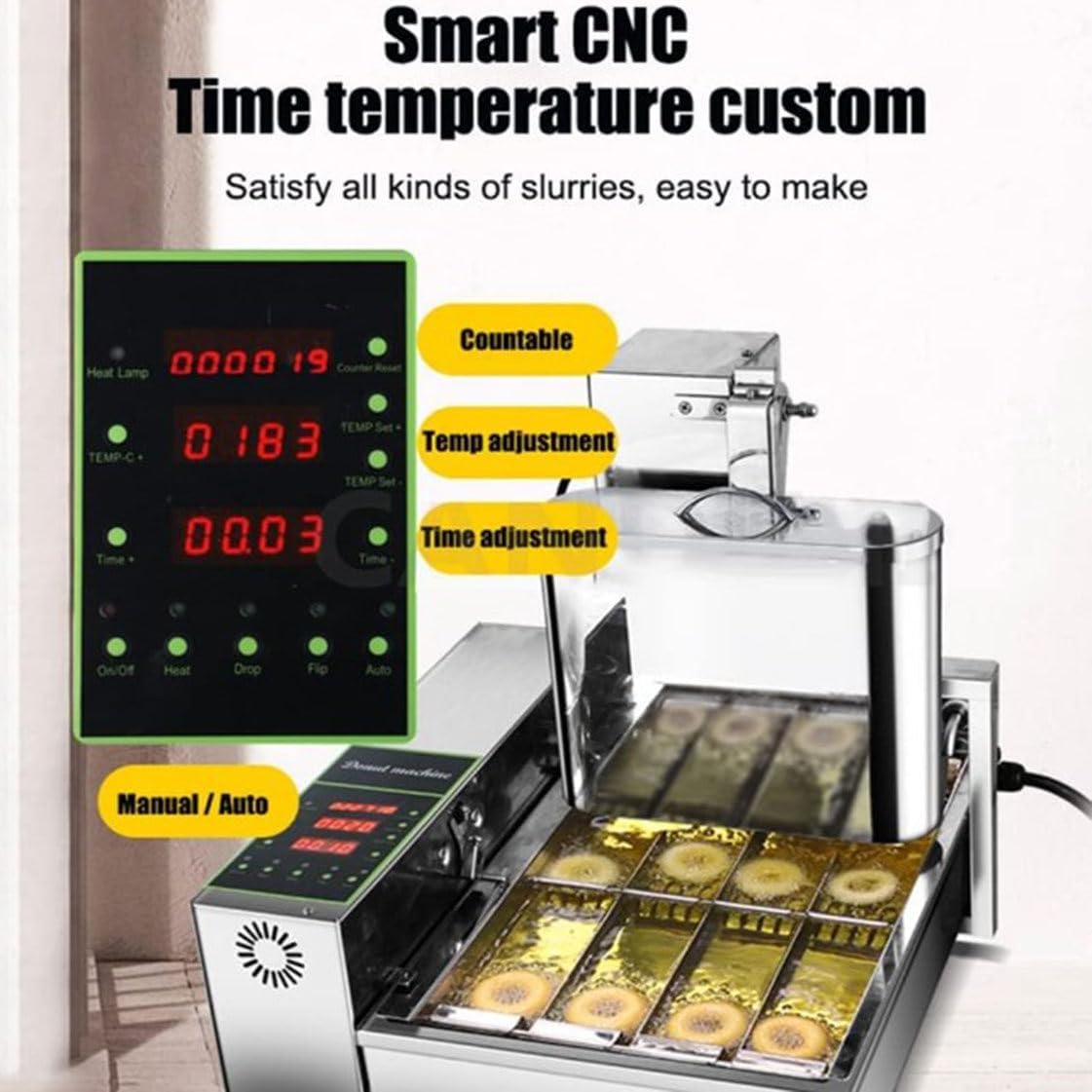 Commercial 2000W Mini Donut Maker - 6 Rows, Digital Auto Flip, Adjustable Thickness, Intelligent Control Panel, Professional Frying Machine for Perfects Donuts