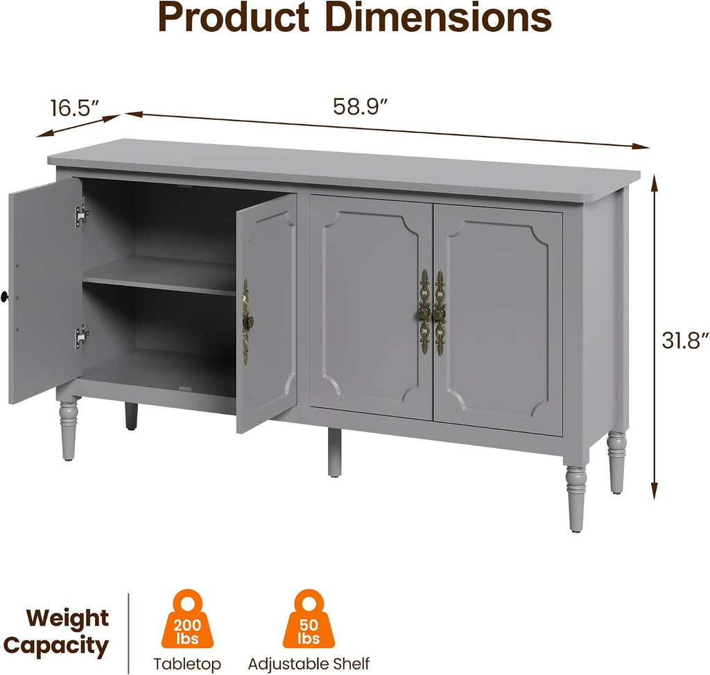 RoyalCraft Buffet Cabinet with Storage, 59' Vintage Sideboard with Adjustable Shelves, Mid Century Modern Painted Credenza Coffee Bar for Kitchen, Dining Room, Entryway, Living Room, Dove Gray