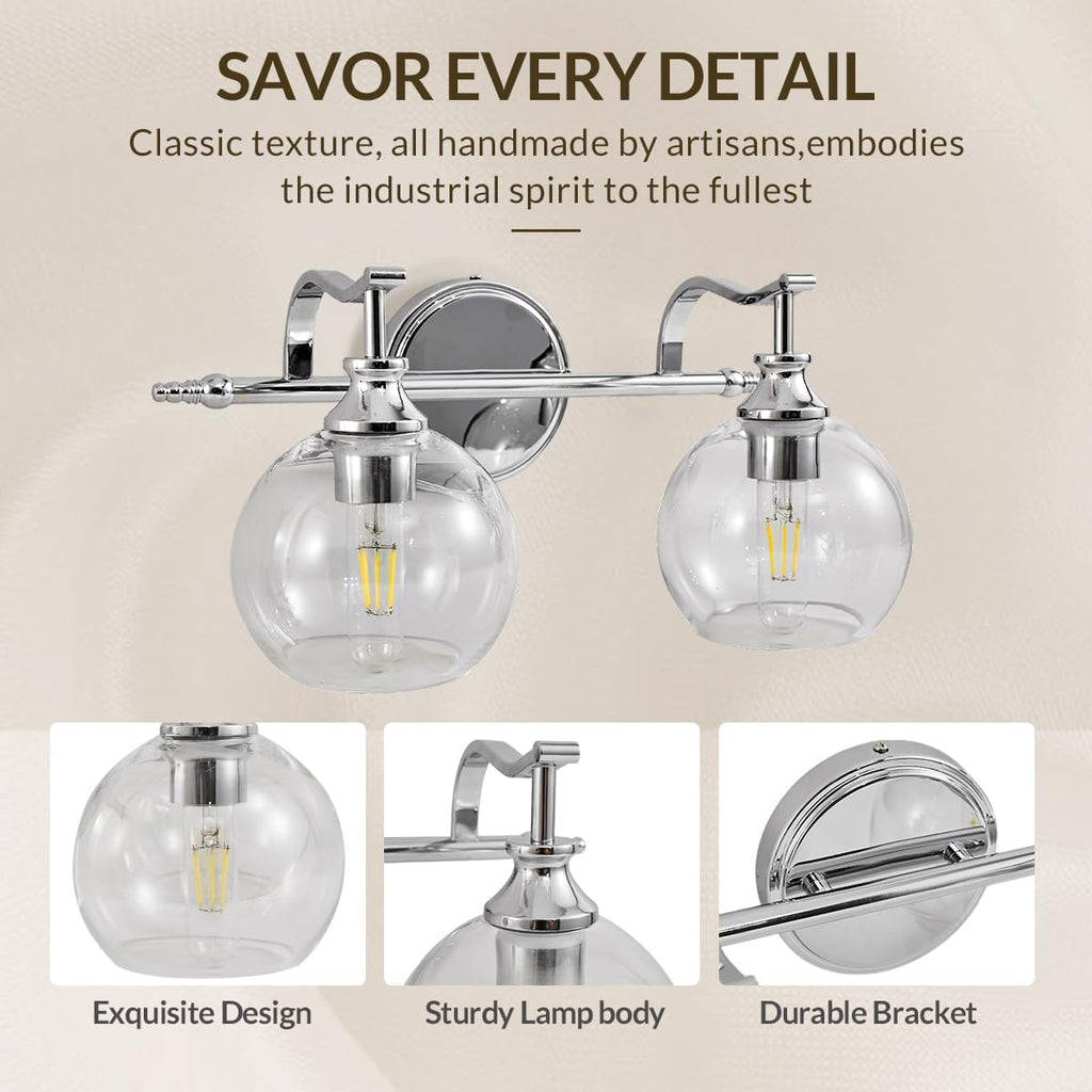 ANDY STAR Chrome Bathroom Light Fixture, 2-Light Modern Vanity Lights, Modern Wall Sconce with Clear Globe Glass Shades, Industrial Wall Lamp with Curved Arm for Bathroom, Powder Room, Over a Mirror