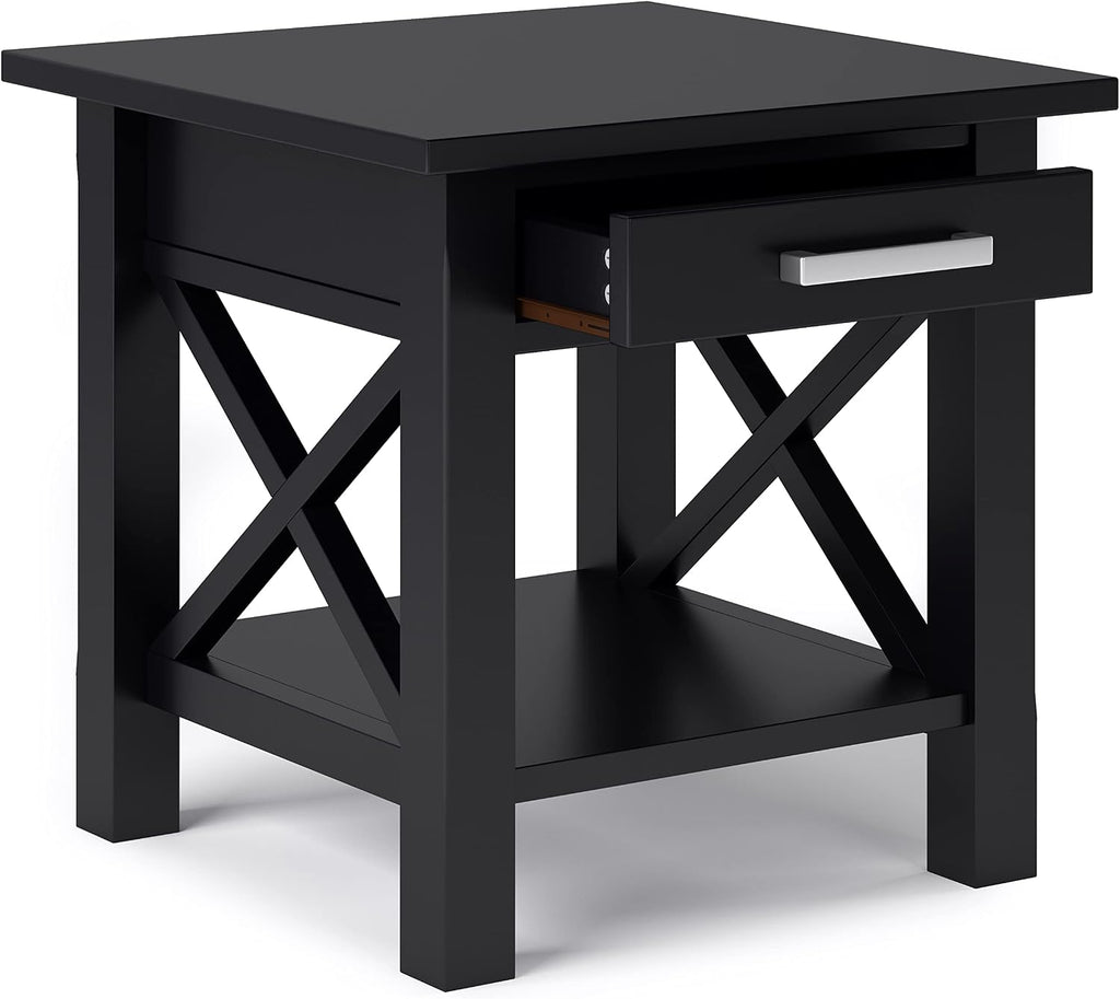 SIMPLIHOME Kitchener End Table - 21 inch Wide Solid Wood Square Accent Table with Drawer and Open Shelf in Black, Contemporary Nightstand or Lamp Stand with X-Design for Living Room or Bedroom