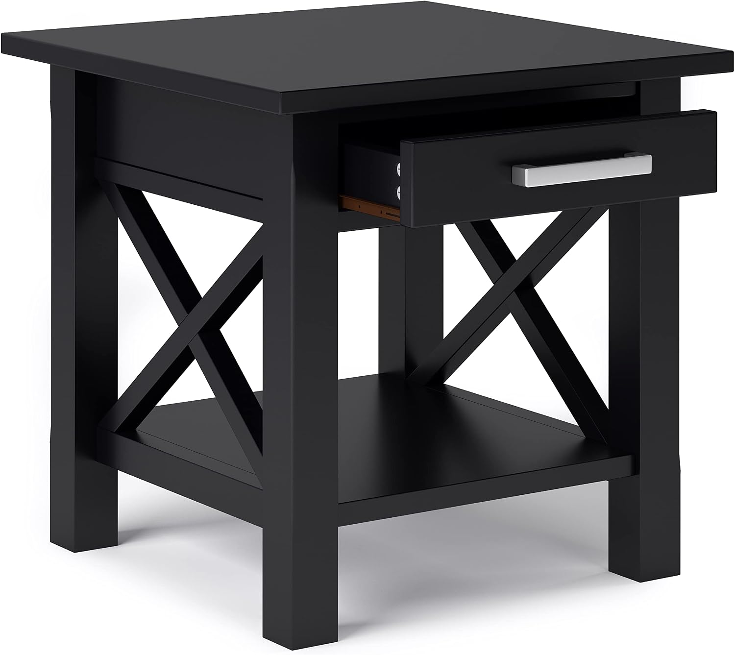 SIMPLIHOME Kitchener End Table - 21 inch Wide Solid Wood Square Accent Table with Drawer and Open Shelf in Black, Contemporary Nightstand or Lamp Stand with X-Design for Living Room or Bedroom