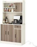 COSTWAY Kitchen Pantry Storage Cabinet, 71' Freestanding Tall Hutch Cabinet with Charging Station, Microwave Stand, Adjustable Shelves, Modern Buffet Cabinet with Hutch for Dining Room, Kitchen, White