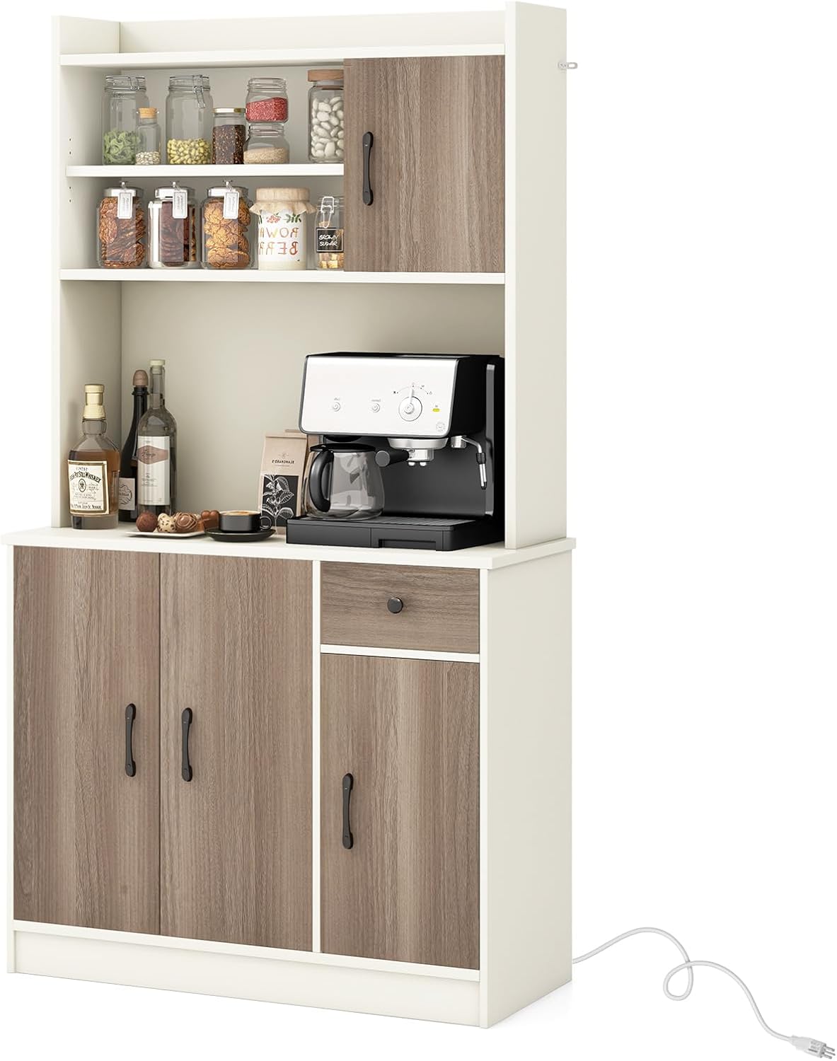COSTWAY Kitchen Pantry Storage Cabinet, 71' Freestanding Tall Hutch Cabinet with Charging Station, Microwave Stand, Adjustable Shelves, Modern Buffet Cabinet with Hutch for Dining Room, Kitchen, White