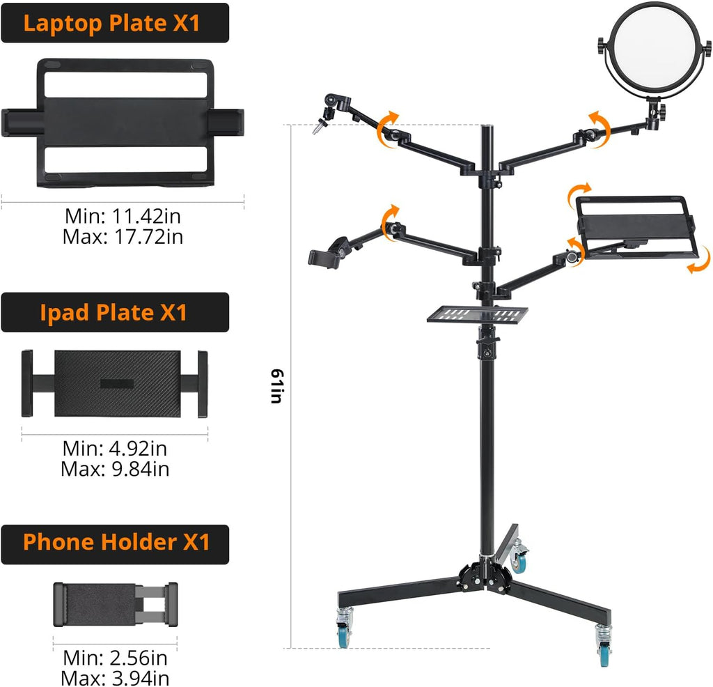 GVM 5-in-1 Movable Live Streaming Floor Stand Kit with Wheels, Overhead Camera Mount with 10' LED Key Light/Mic Boom Arm/Tablet Laptop Phone Stand/Tray for Live Broadcast Podcast Video Recording Game