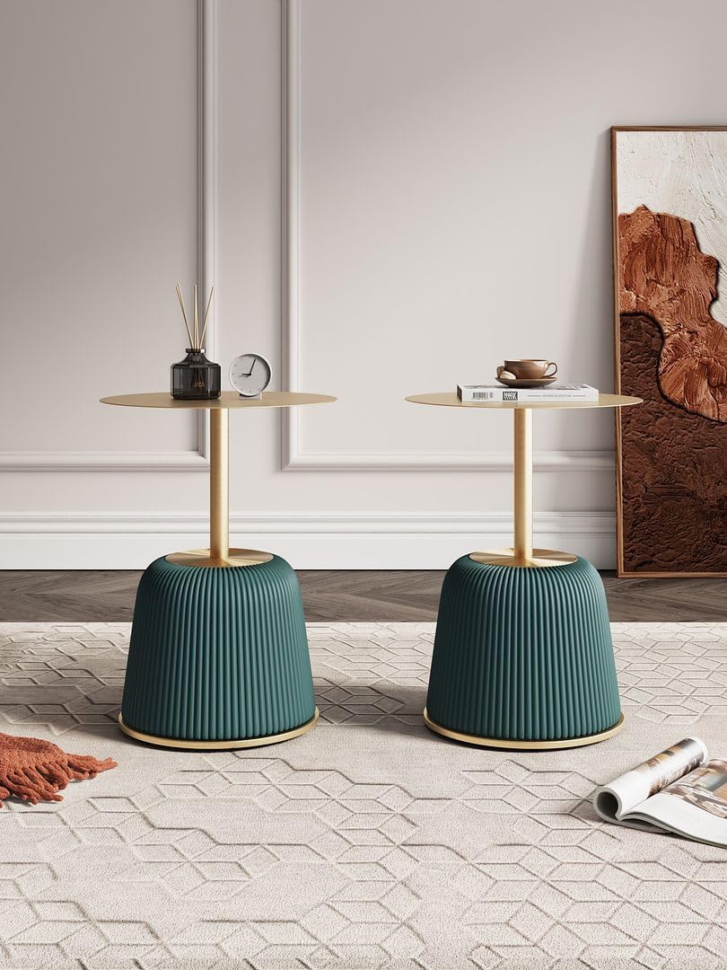Manhattan Comfort Anderson Modern 15.75' Round End Tables 1.0 - Elegant Leatherette Upholstered Base with Pleated Design & Gold Steel Tabletop, Fully Assembled Accent Furniture, Set of 2, Green