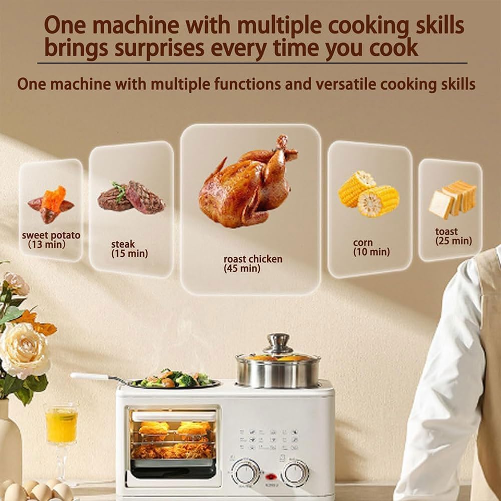 Electric Breakfast Machine,4-in-1 Breakfast Maker Station with 8L Oven, Frying Pan and Steamer, 0-60Min Timer Knob, S-Type Double Heating Tube, 1200W Breakfast Egg Sandwich Maker for Home