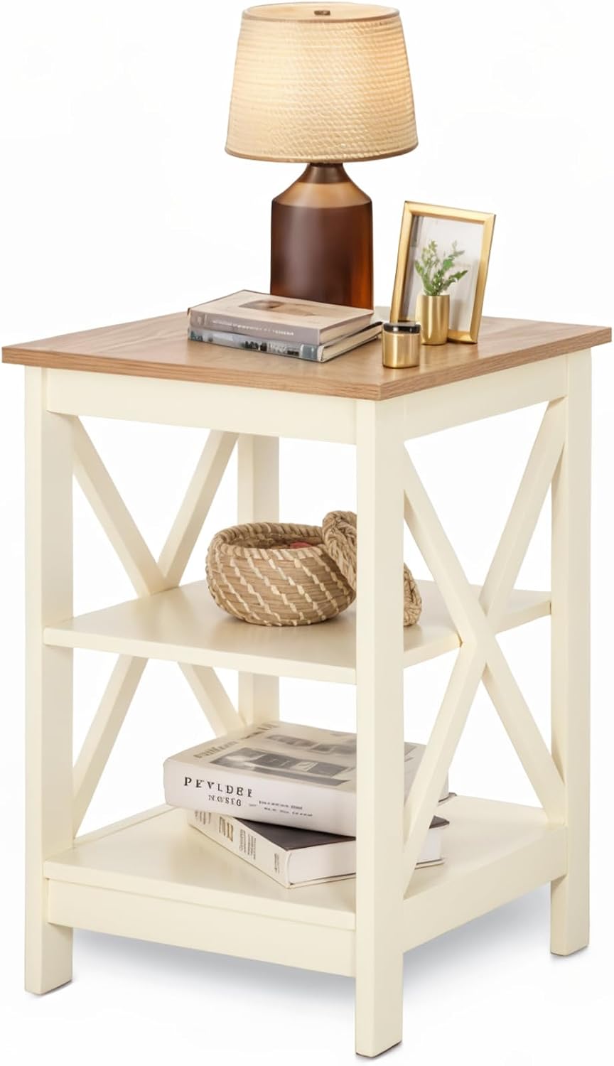 MAISON ARTS End Tables, Farmhouse Nightstand Set of 2, Small Side Table Living Room 3-Tier Modern Bed Side Table Nightstands for Bedroom, Sofa End Tables Set, Ivory White